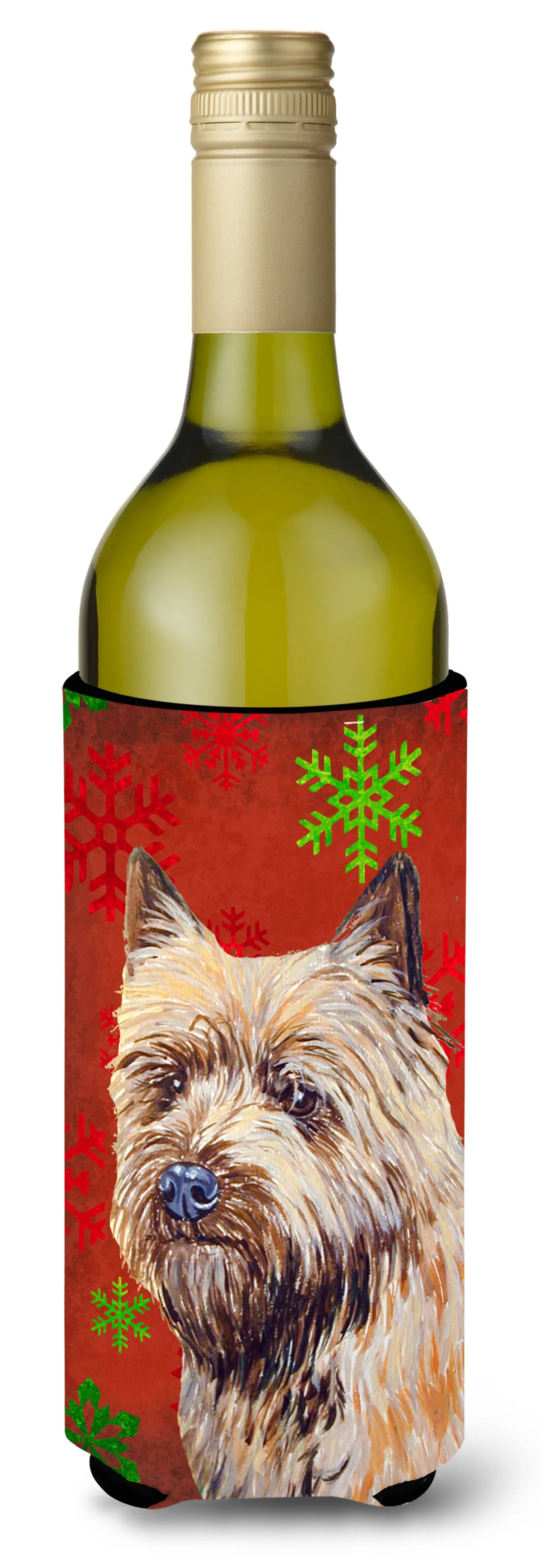 Red and Green Snowflakes Holiday Christmas Design with Dog Wine Bottle Hugger