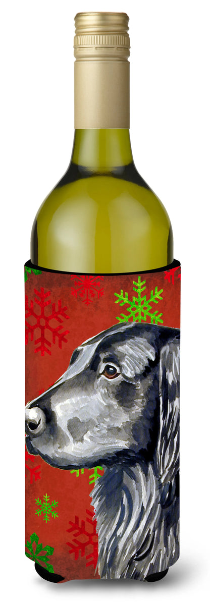 Red and Green Snowflakes Holiday Christmas Design with Dog Wine Bottle Hugger