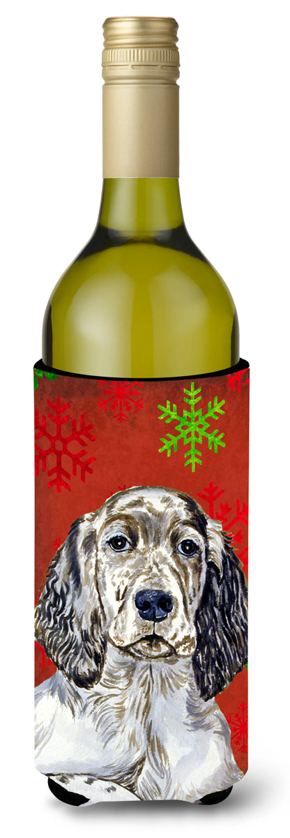 Red and Green Snowflakes Holiday Christmas Design with Dog Wine Bottle Hugger