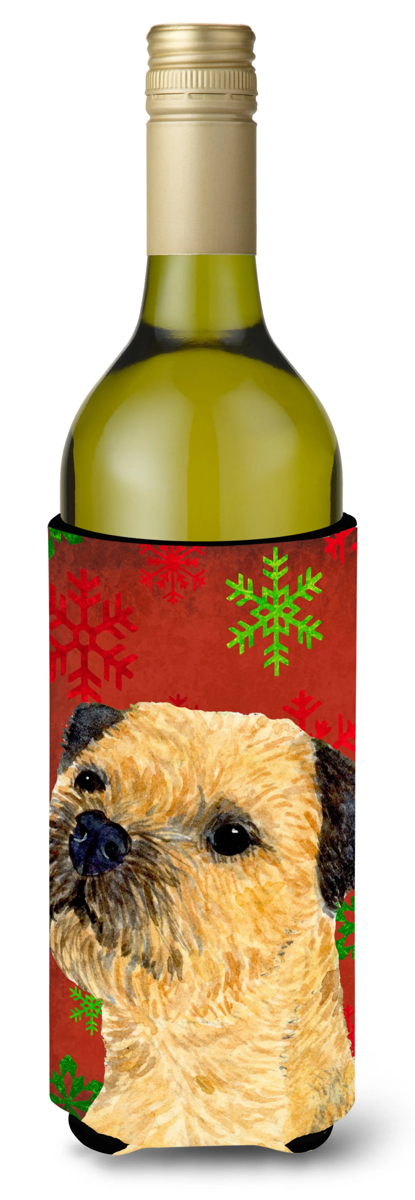 Red and Green Snowflakes Holiday Christmas Design with Dog Wine Bottle Hugger