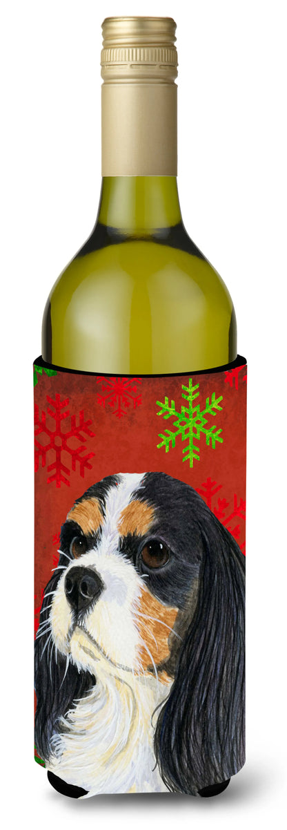 Red and Green Snowflakes Holiday Christmas Design with Dog Wine Bottle Hugger