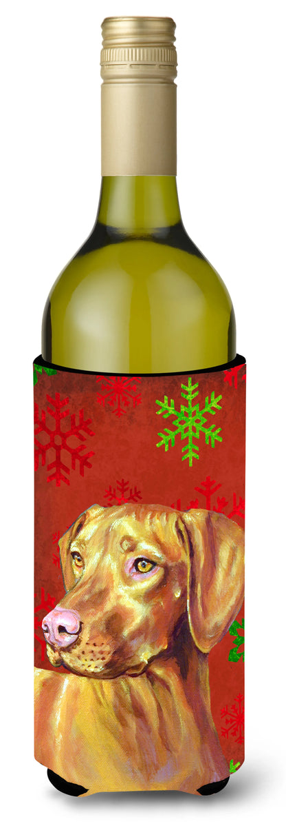 Red and Green Snowflakes Holiday Christmas Design with Dog Wine Bottle Hugger