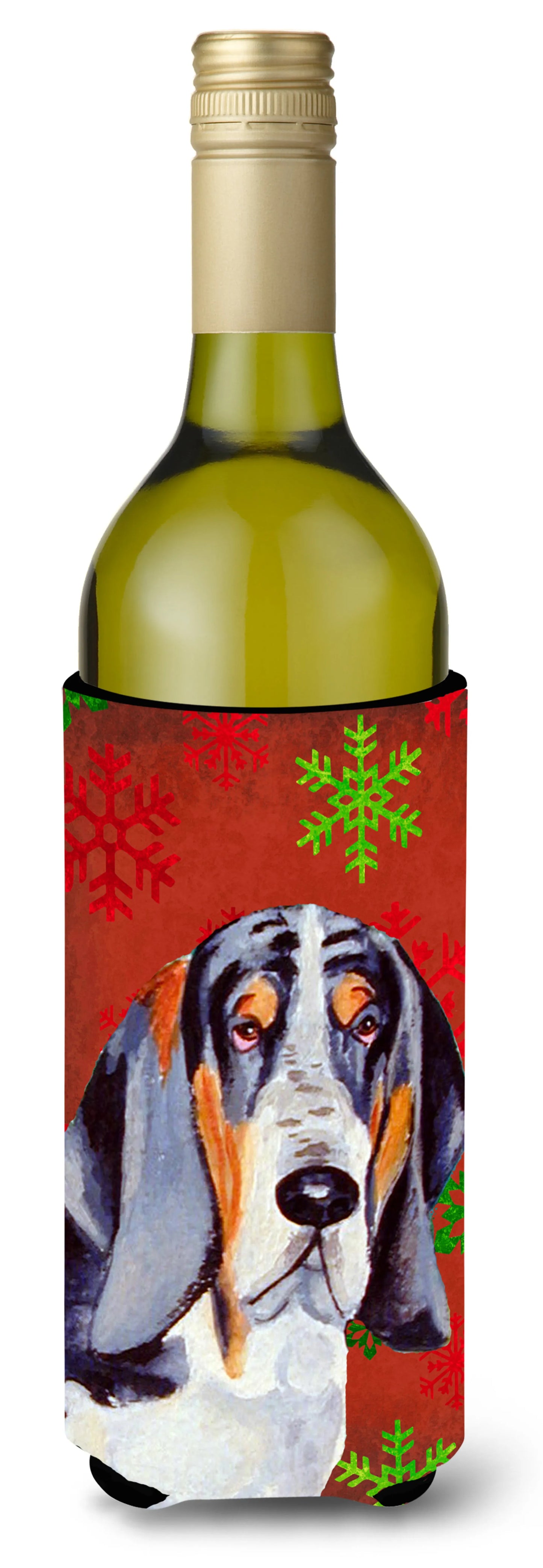 Red and Green Snowflakes Holiday Christmas Design with Dog Wine Bottle Hugger