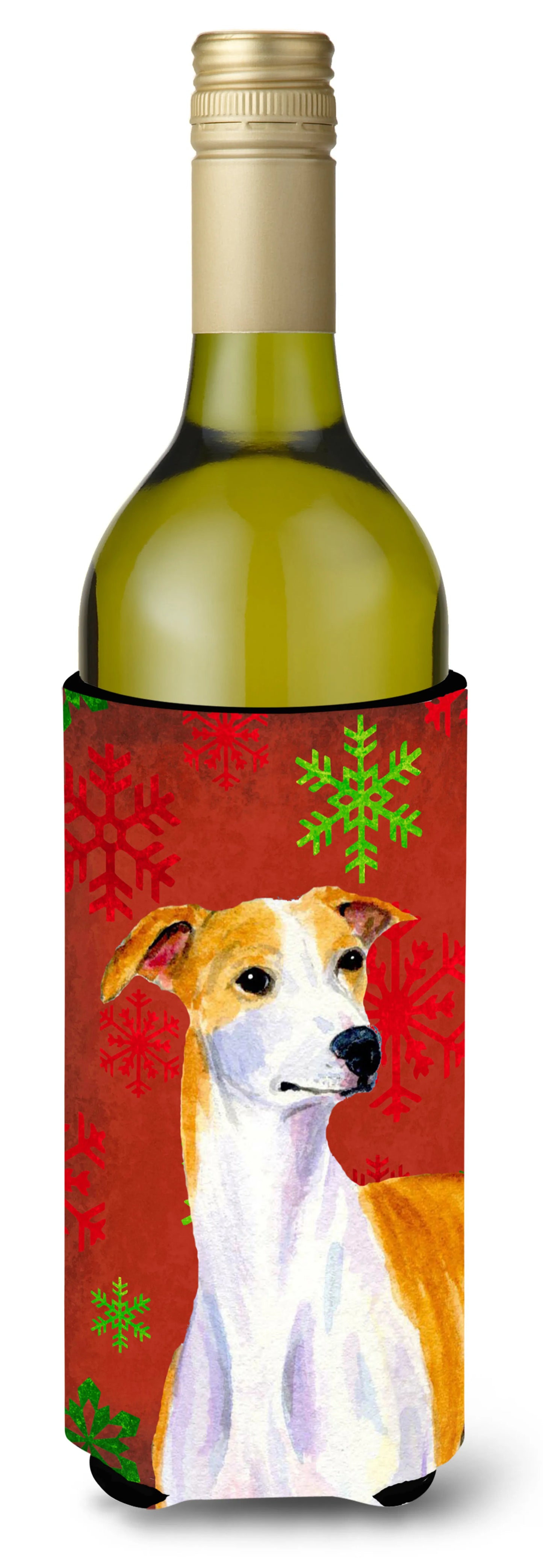 Red and Green Snowflakes Holiday Christmas Design with Dog Wine Bottle Hugger