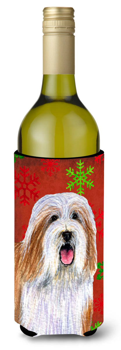 Red and Green Snowflakes Holiday Christmas Design with Dog Wine Bottle Hugger