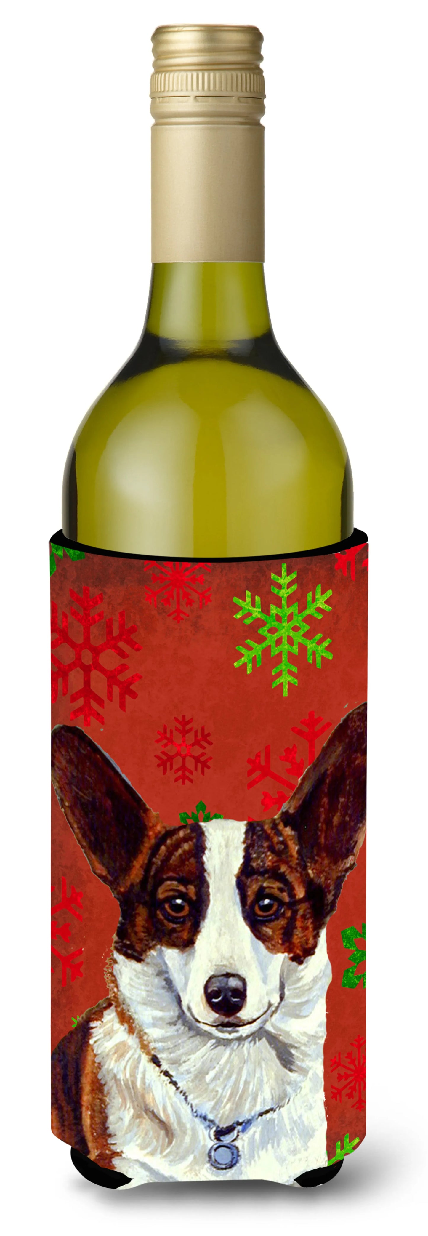 Red and Green Snowflakes Holiday Christmas Design with Dog Wine Bottle Hugger