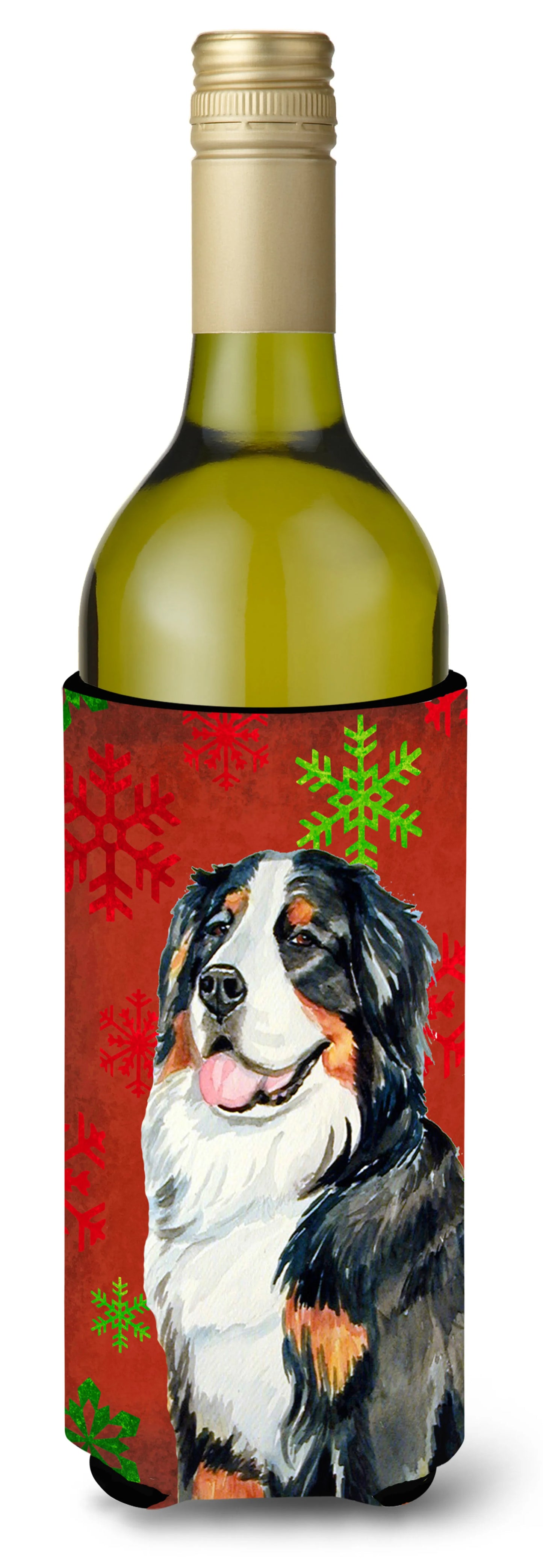 Red and Green Snowflakes Holiday Christmas Design with Dog Wine Bottle Hugger