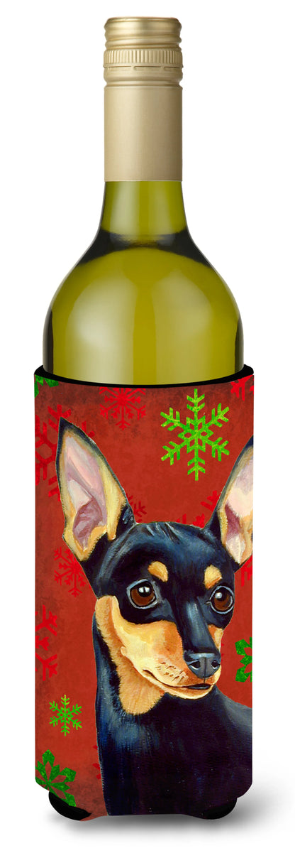 Red and Green Snowflakes Holiday Christmas Design with Dog Wine Bottle Hugger