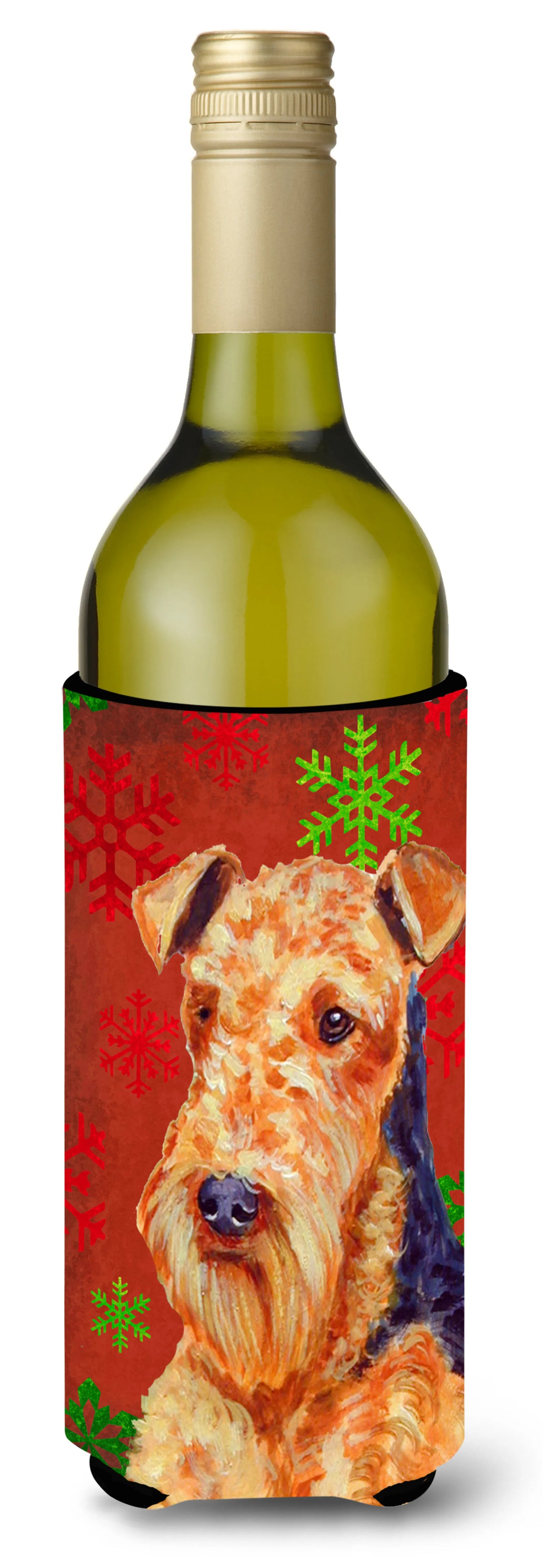 Red and Green Snowflakes Holiday Christmas Design with Dog Wine Bottle Hugger