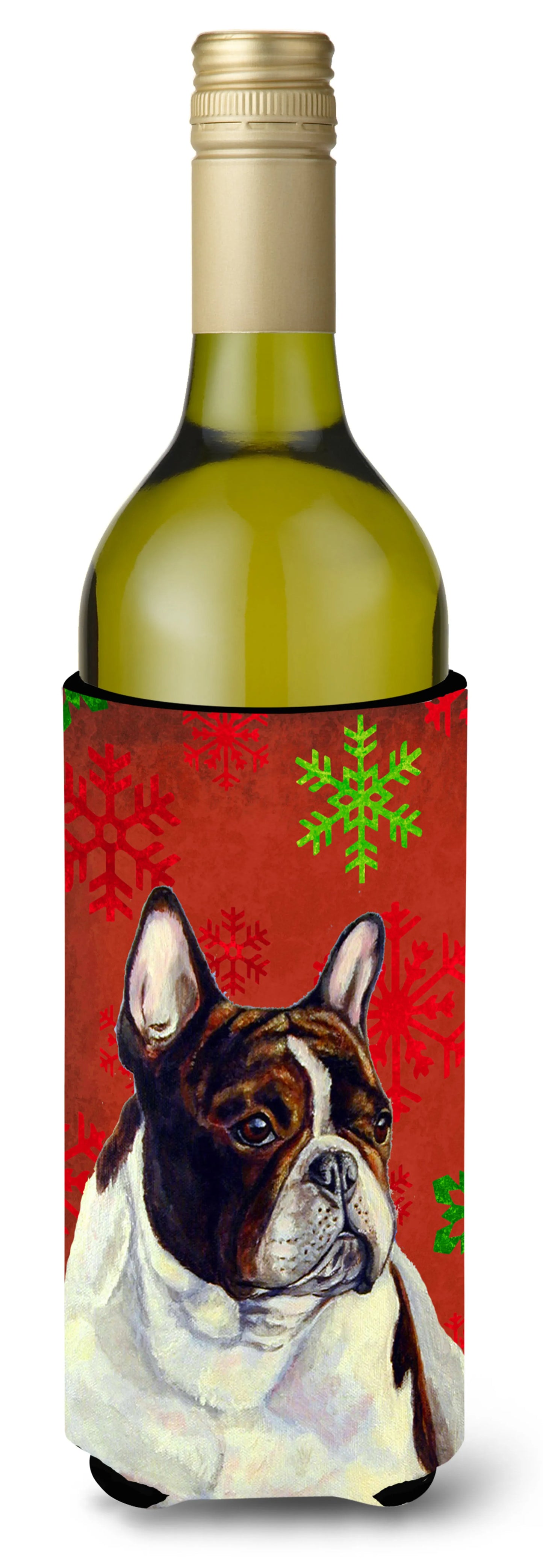 Red and Green Snowflakes Holiday Christmas Design with Dog Wine Bottle Hugger