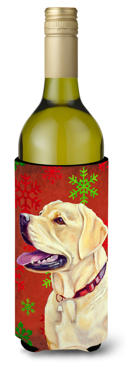 Red and Green Snowflakes Holiday Christmas Design with Dog Wine Bottle Hugger