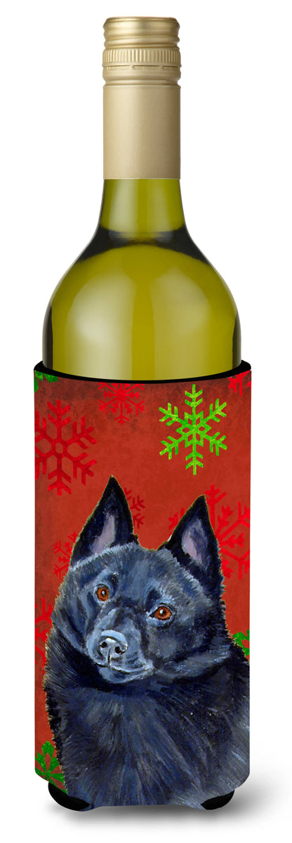 Red and Green Snowflakes Holiday Christmas Design with Dog Wine Bottle Hugger