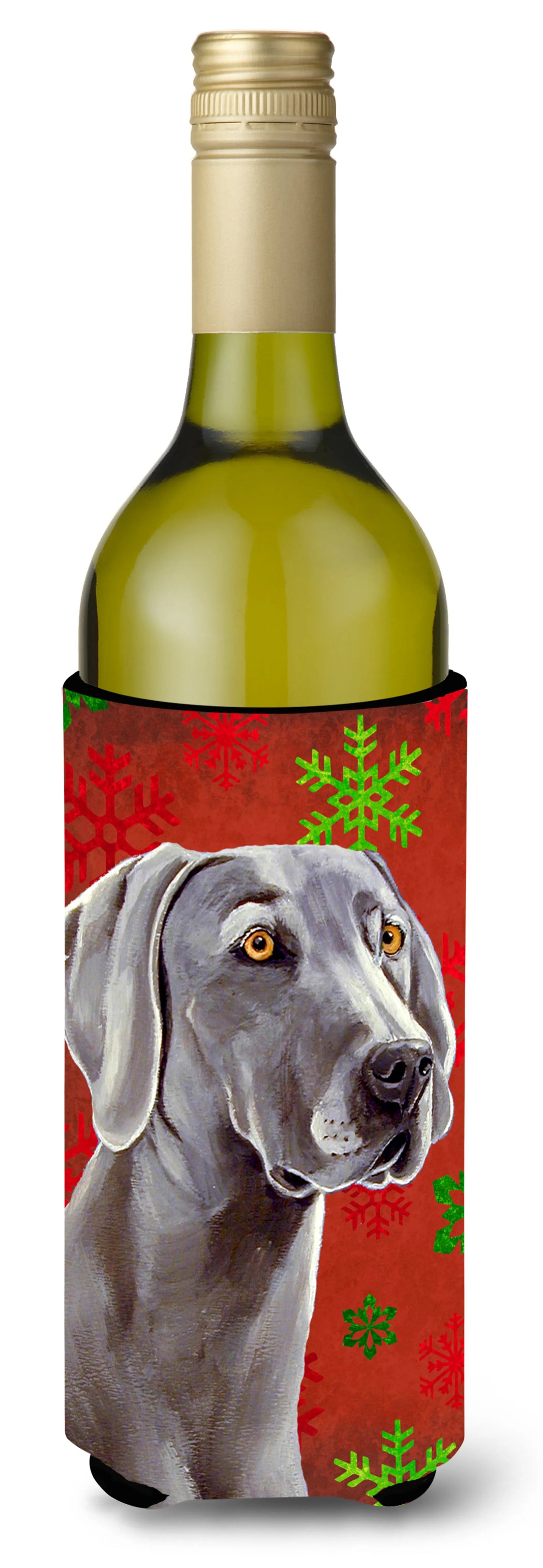 Red and Green Snowflakes Holiday Christmas Design with Dog Wine Bottle Hugger