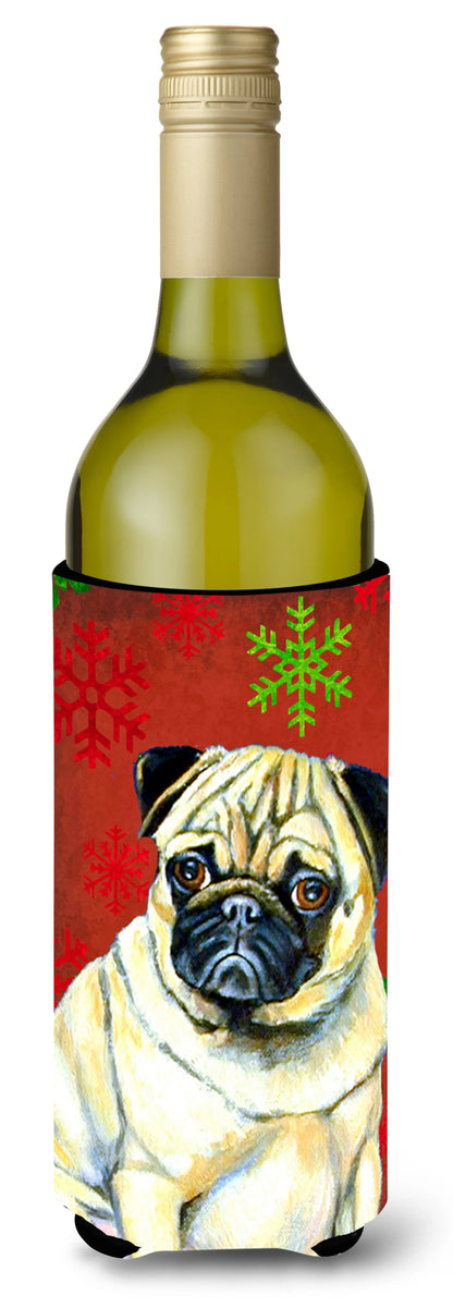 Red and Green Snowflakes Holiday Christmas Design with Dog Wine Bottle Hugger