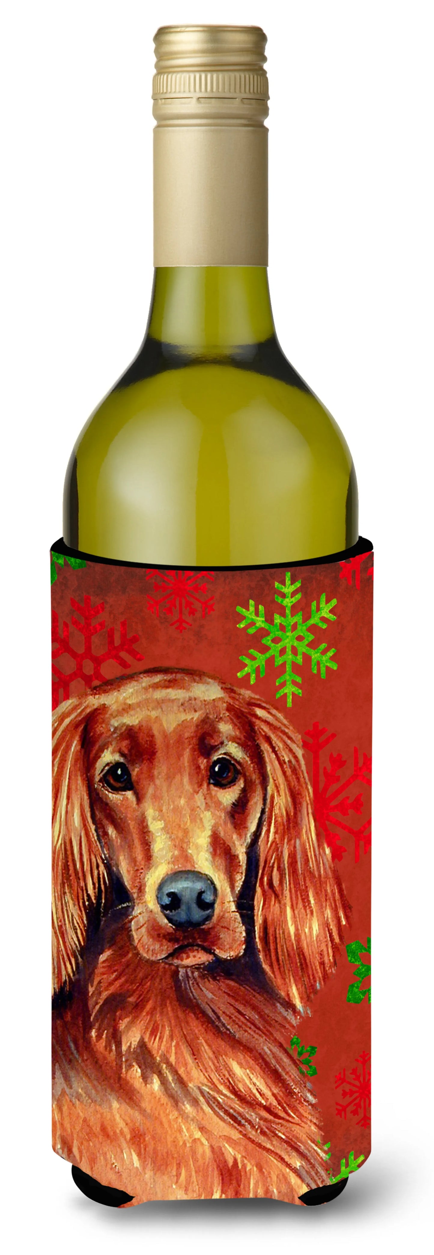 Red and Green Snowflakes Holiday Christmas Design with Dog Wine Bottle Hugger