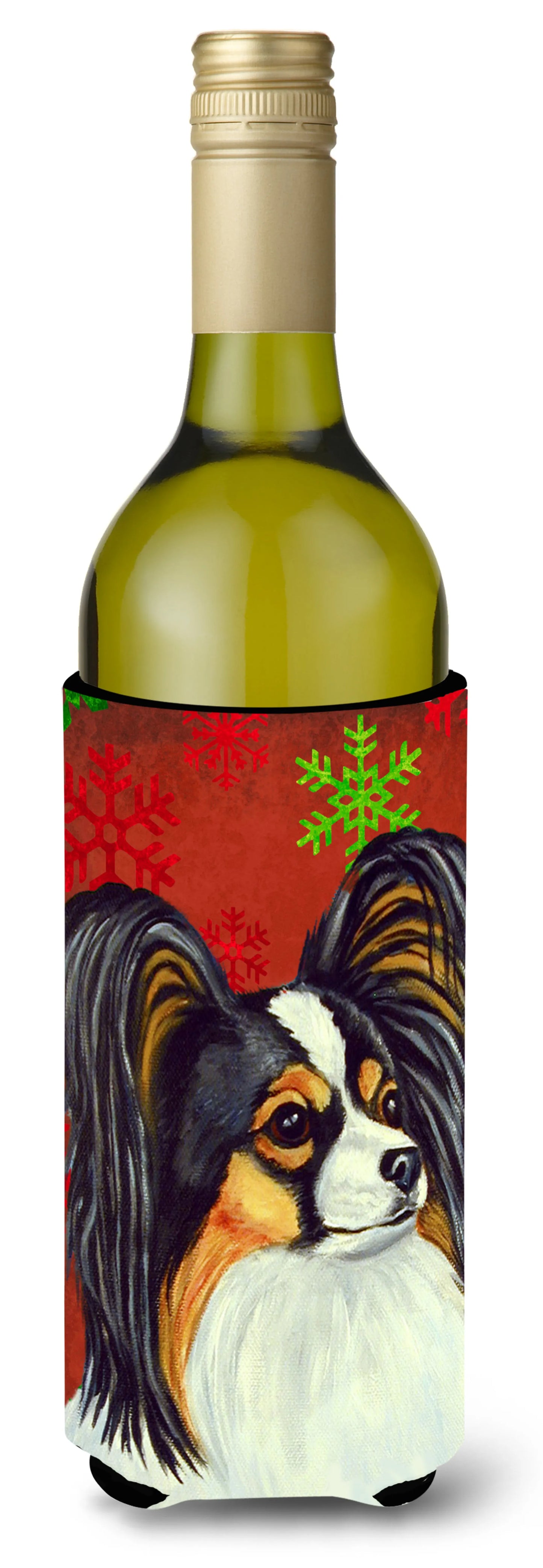 Red and Green Snowflakes Holiday Christmas Design with Dog Wine Bottle Hugger