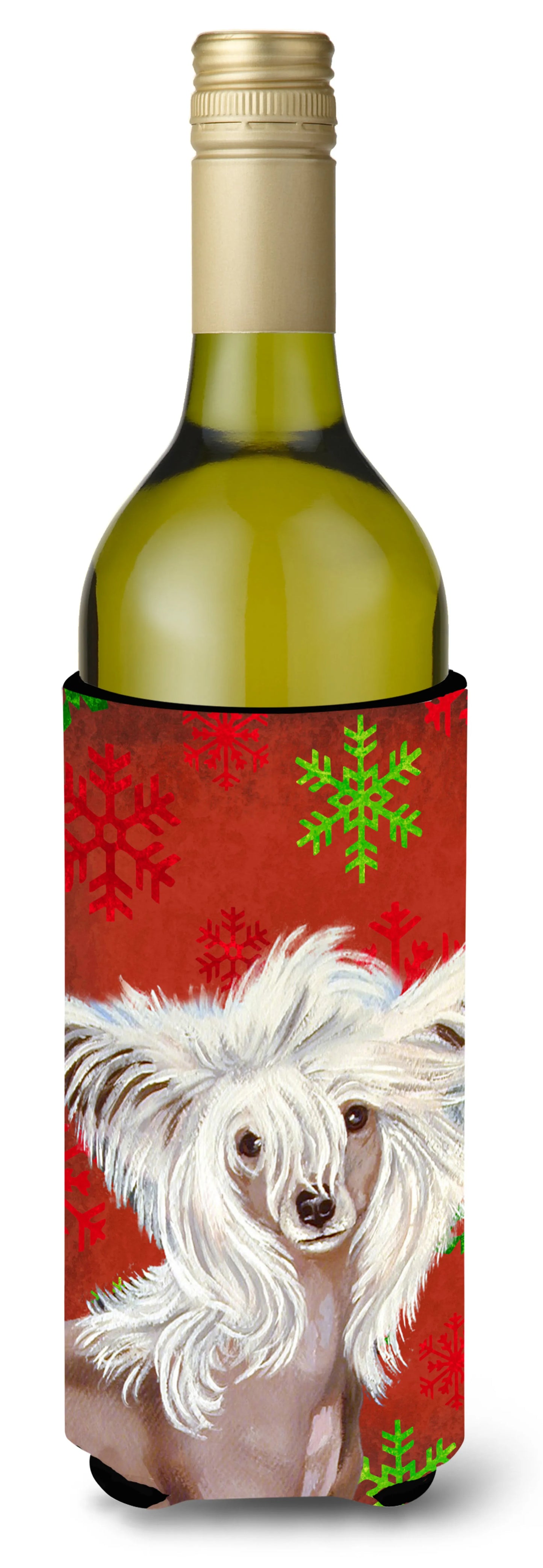 Red and Green Snowflakes Holiday Christmas Design with Dog Wine Bottle Hugger