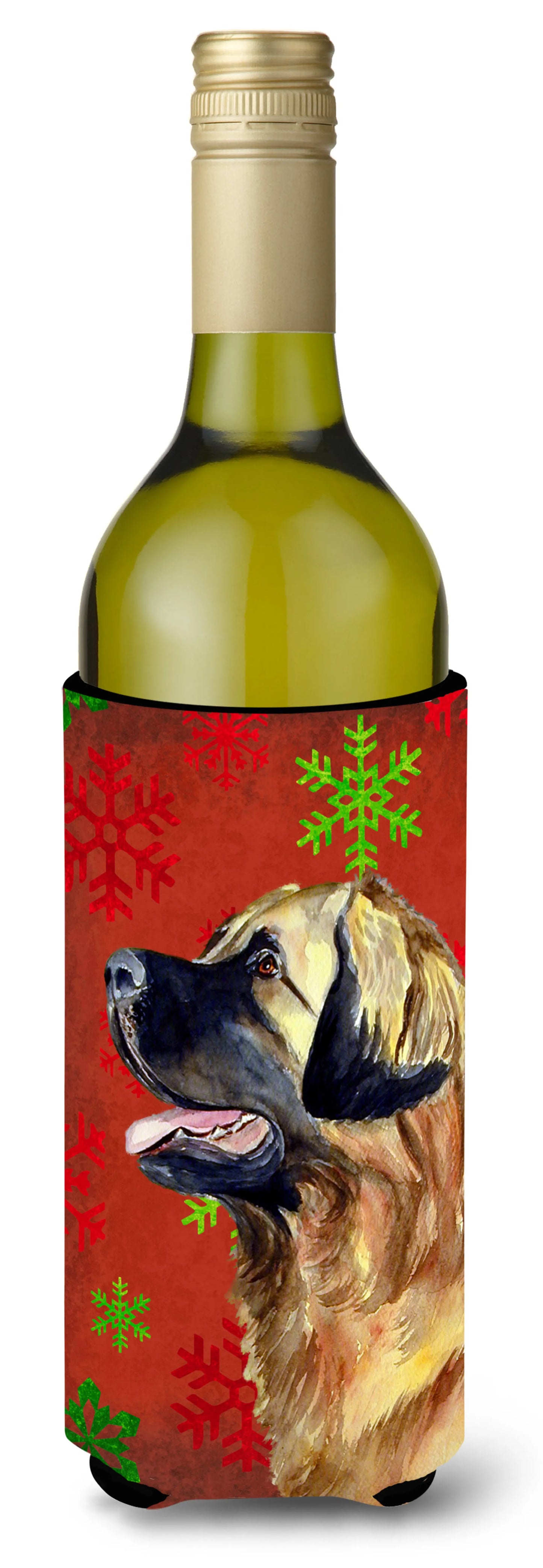 Red and Green Snowflakes Holiday Christmas Design with Dog Wine Bottle Hugger