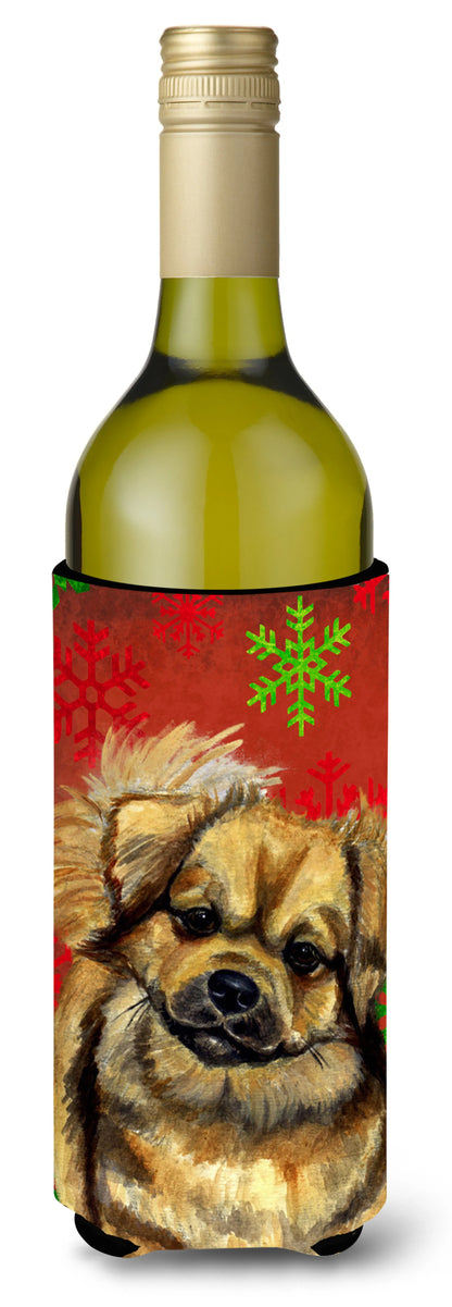 Red and Green Snowflakes Holiday Christmas Design with Dog Wine Bottle Hugger