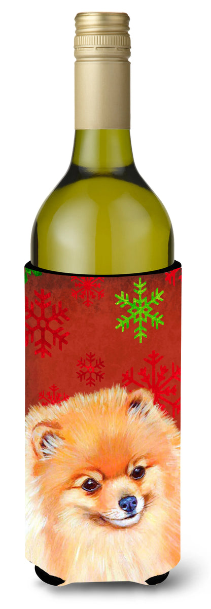 Red and Green Snowflakes Holiday Christmas Design with Dog Wine Bottle Hugger