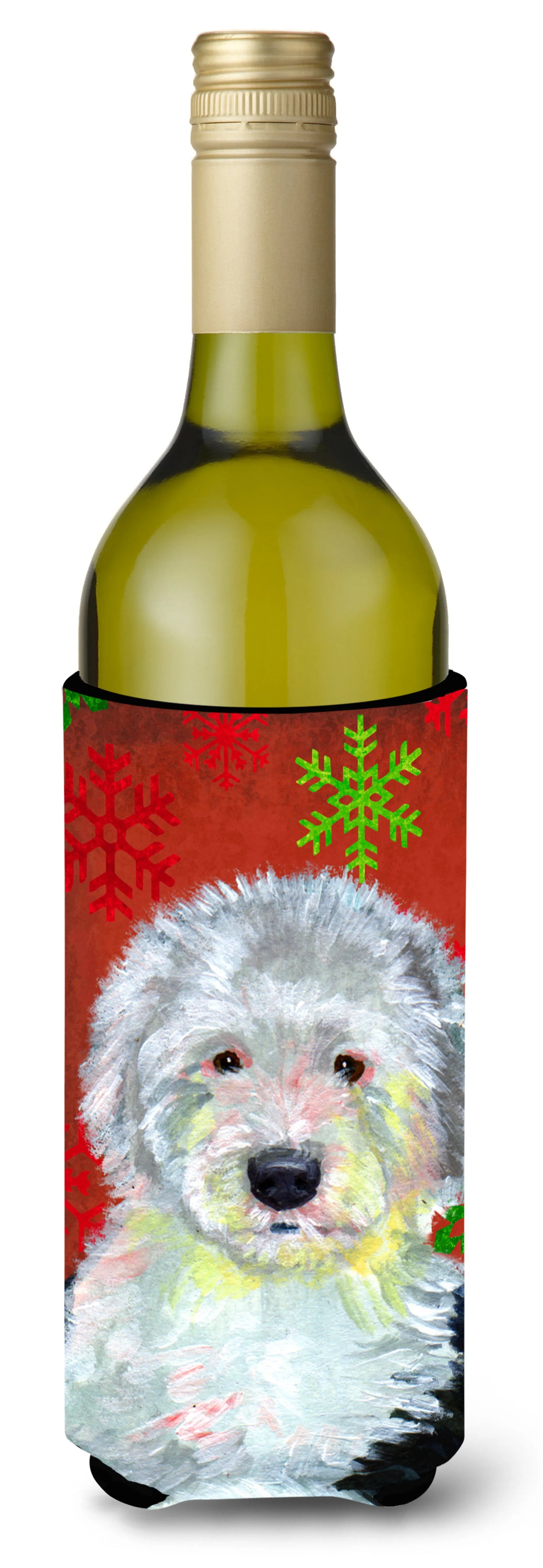 Red and Green Snowflakes Holiday Christmas Design with Dog Wine Bottle Hugger