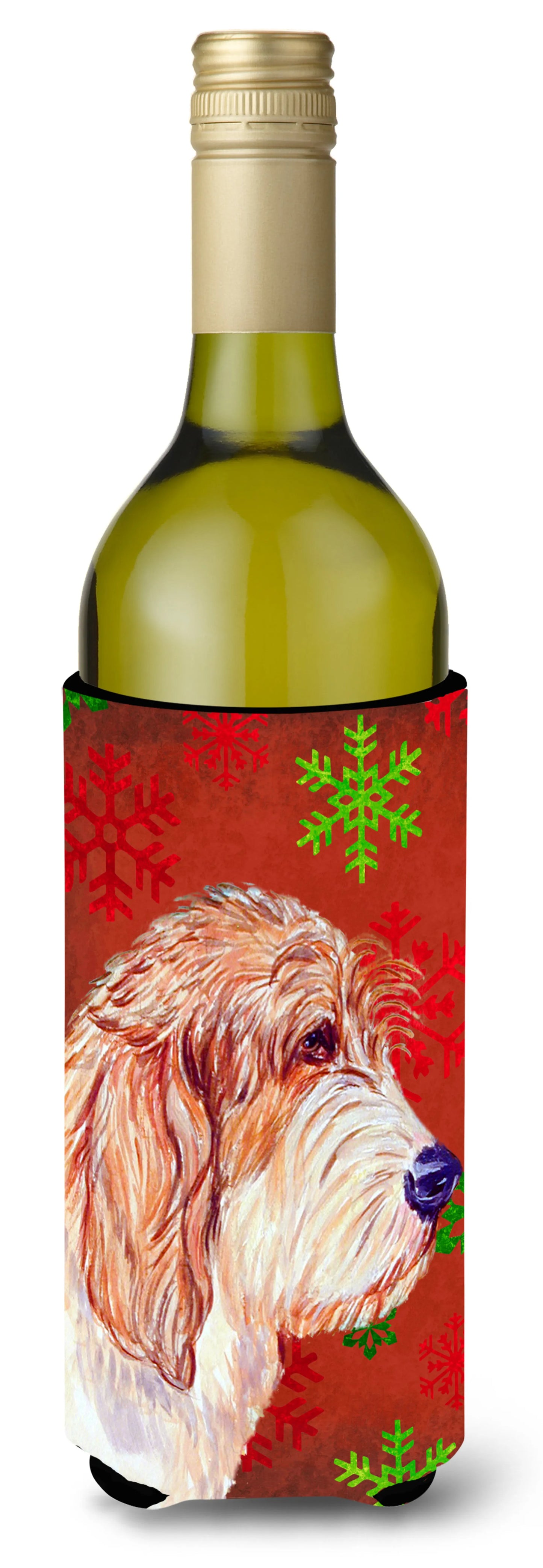 Red and Green Snowflakes Holiday Christmas Design with Dog Wine Bottle Hugger