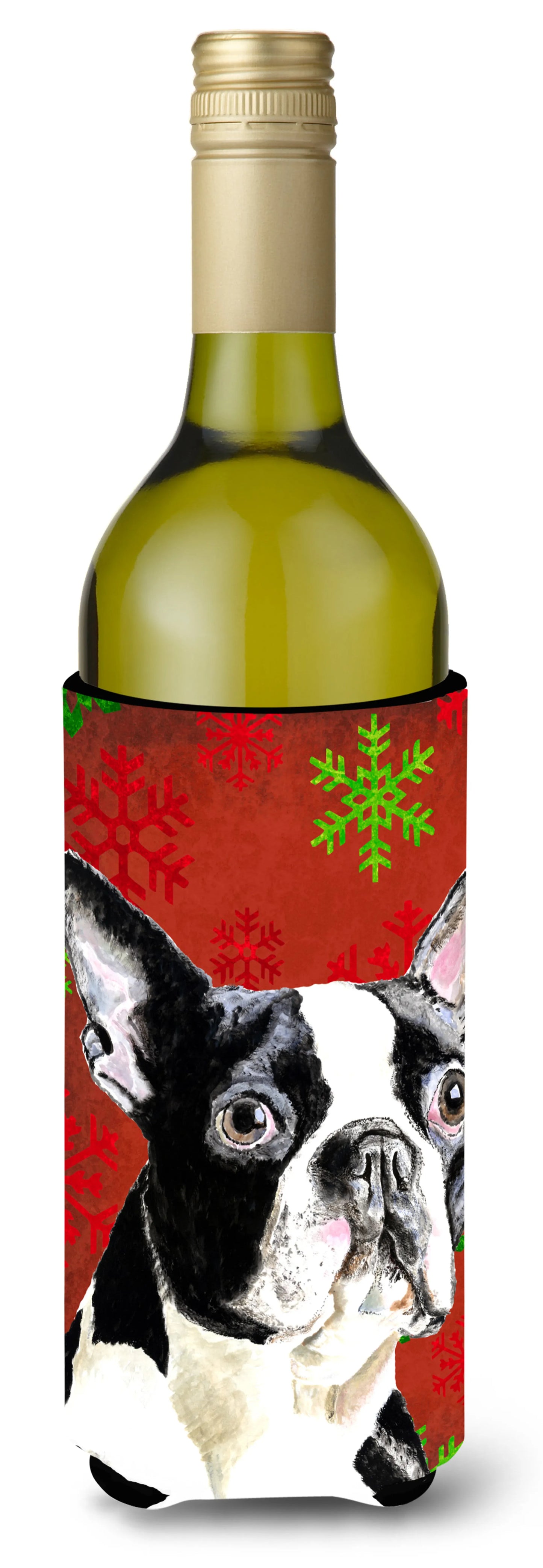 Red and Green Snowflakes Christmas Design with Dog Wine Bottle Hugger