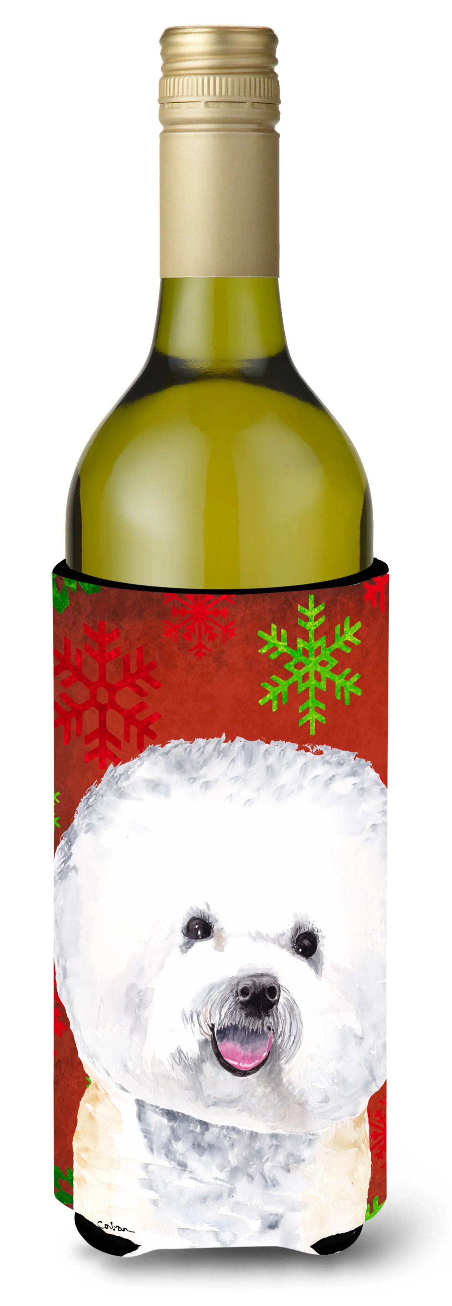 Red and Green Snowflakes Christmas Design with Dog Wine Bottle Hugger