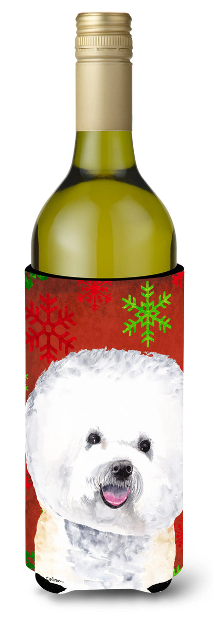 Red and Green Snowflakes Christmas Design with Dog Wine Bottle Hugger