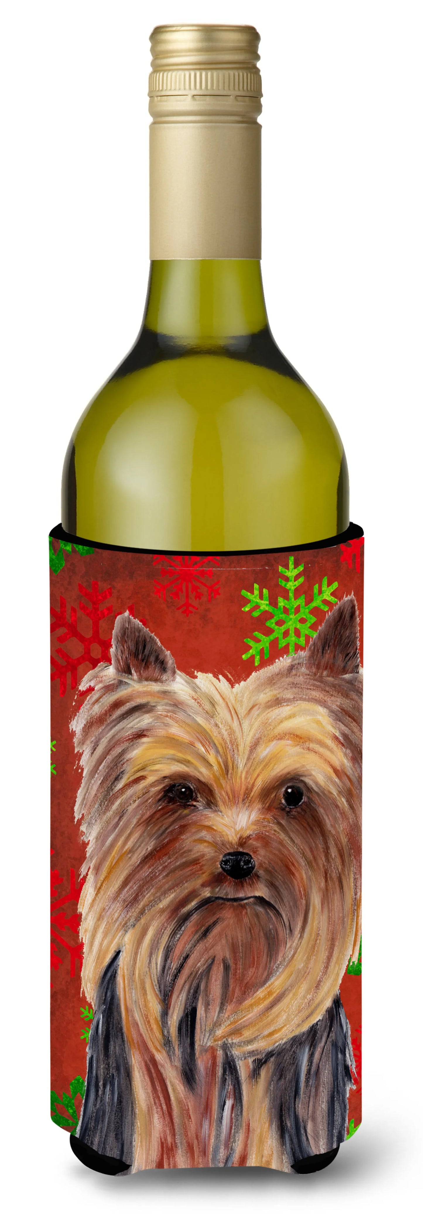 Red and Green Snowflakes Christmas Design with Dog Wine Bottle Hugger