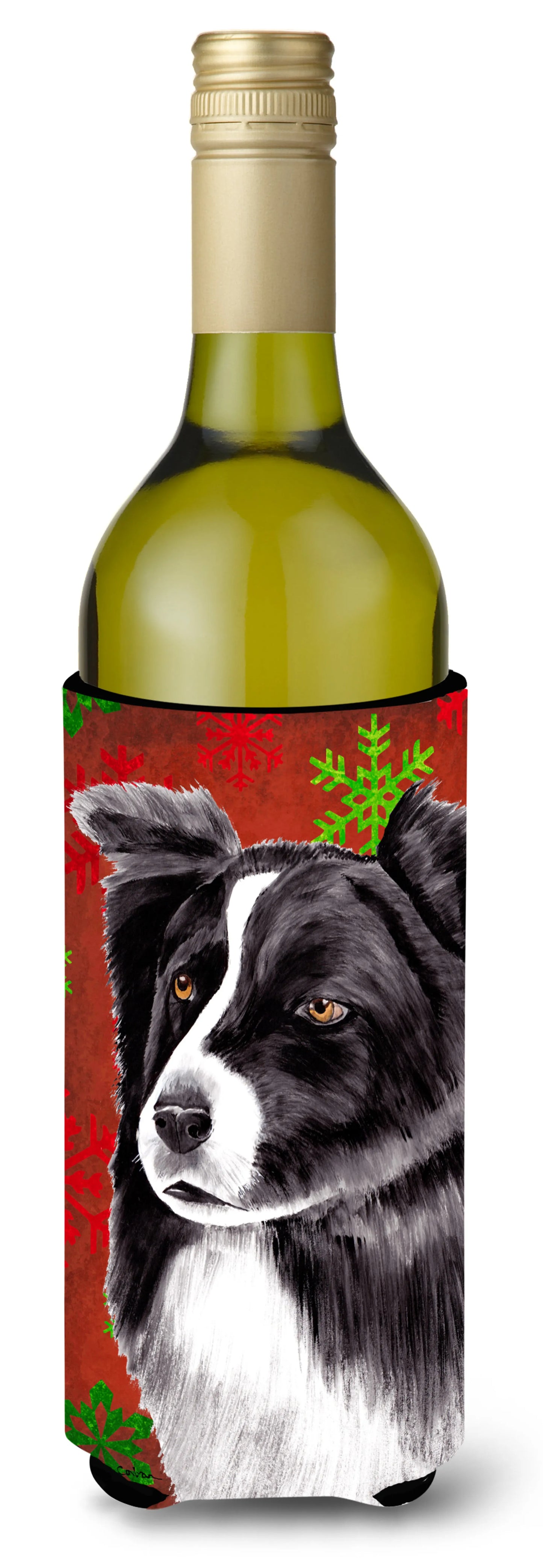 Red and Green Snowflakes Christmas Design with Dog Wine Bottle Hugger