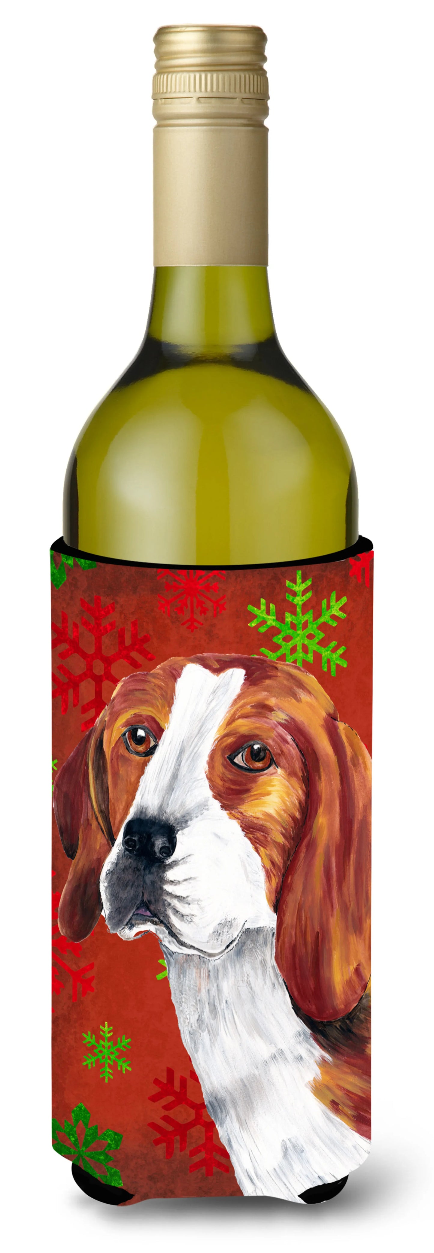 Red and Green Snowflakes Christmas Design with Dog Wine Bottle Hugger