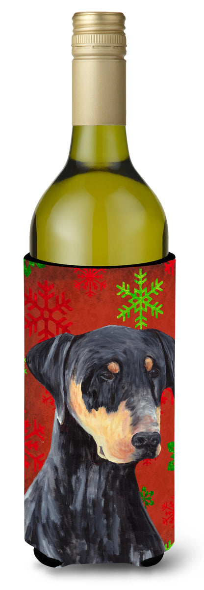 Red and Green Snowflakes Christmas Design with Dog Wine Bottle Hugger