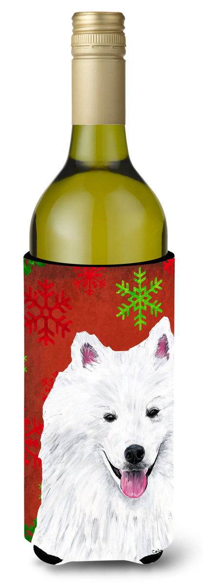 Red and Green Snowflakes Christmas Design with Dog Wine Bottle Hugger