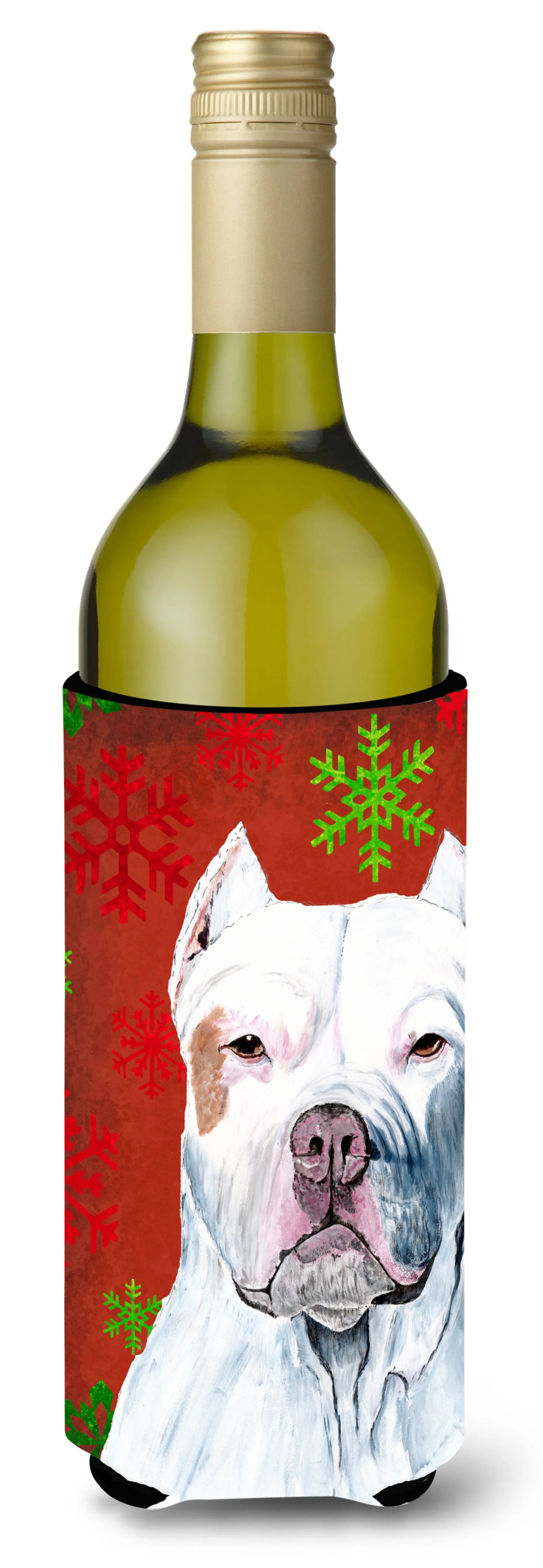 Red and Green Snowflakes Christmas Design with Dog Wine Bottle Hugger