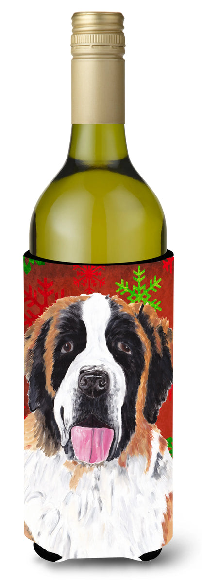 Red and Green Snowflakes Christmas Design with Dog Wine Bottle Hugger