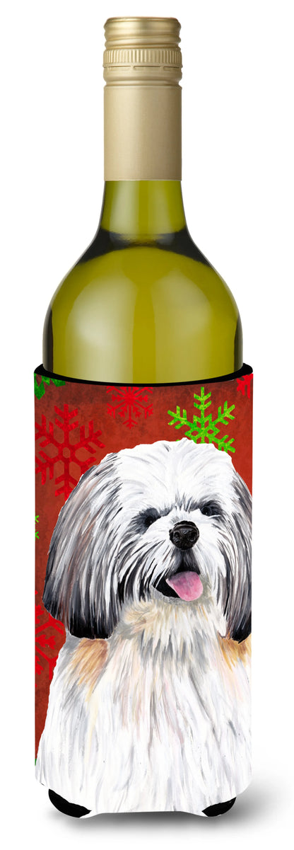 Red and Green Snowflakes Christmas Design with Dog Wine Bottle Hugger