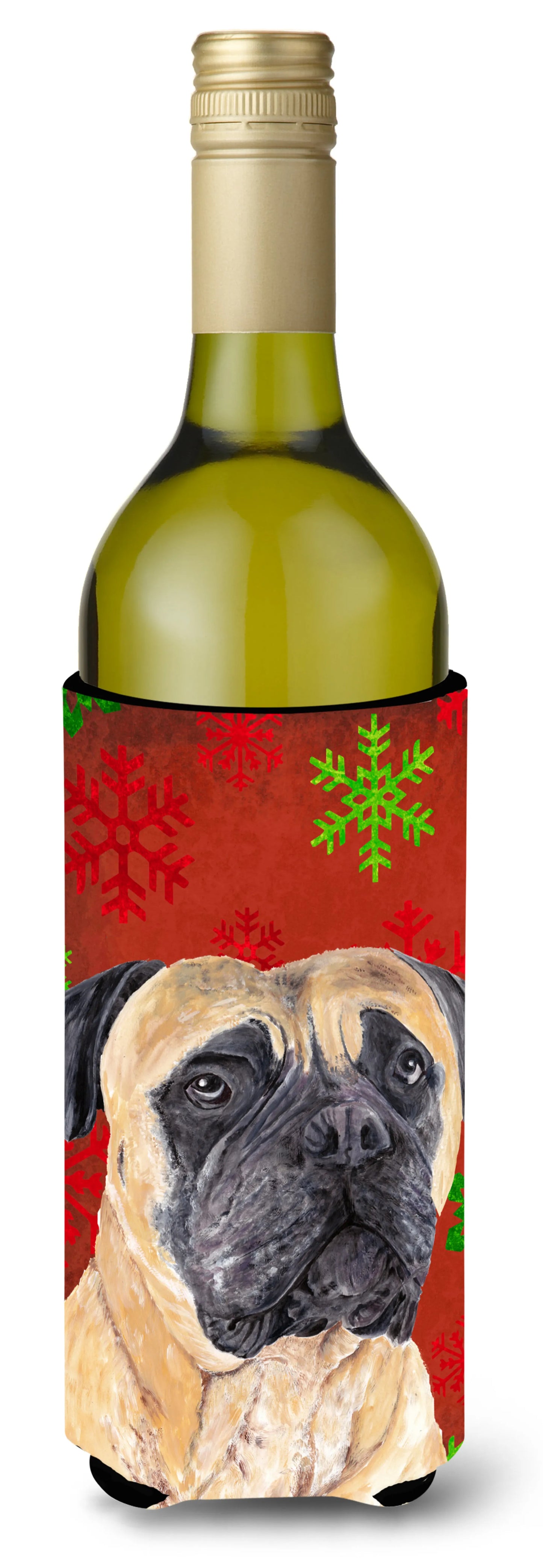 Red and Green Snowflakes Christmas Design with Dog Wine Bottle Hugger