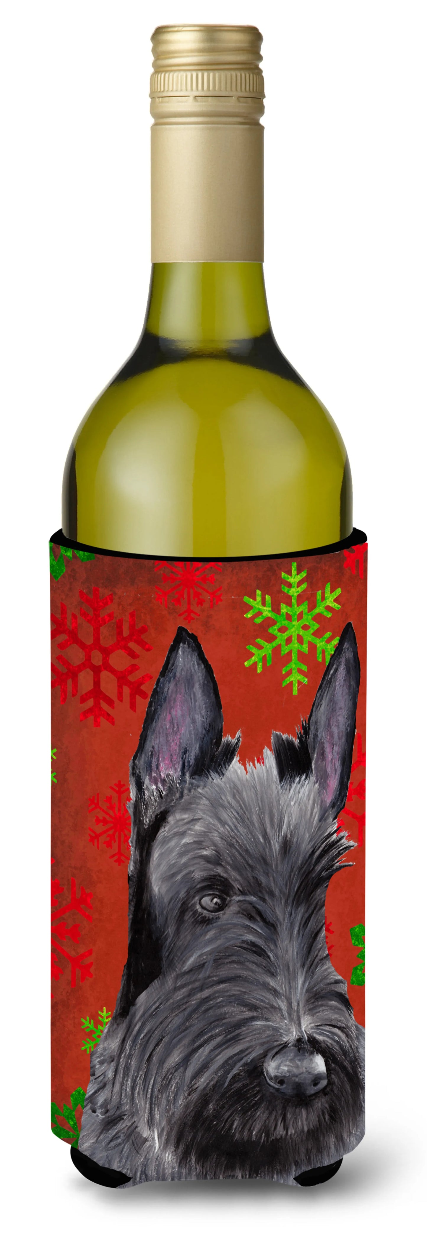 Red and Green Snowflakes Christmas Design with Dog Wine Bottle Hugger