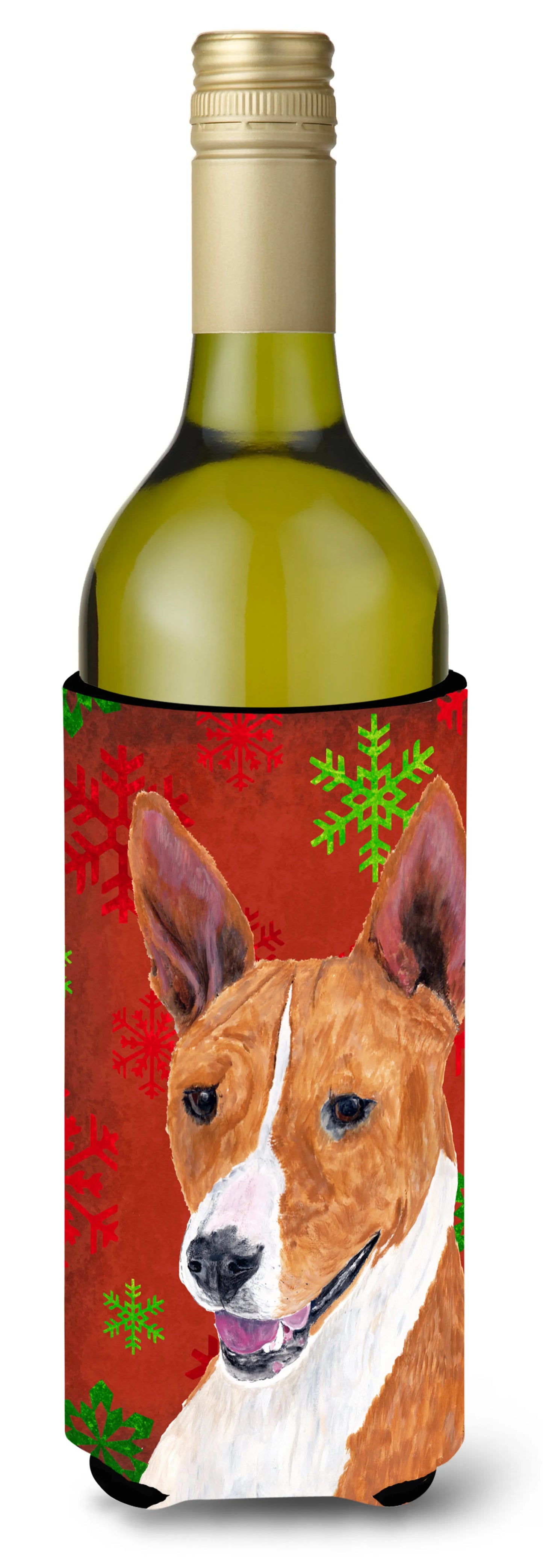 Red and Green Snowflakes Christmas Design with Dog Wine Bottle Hugger