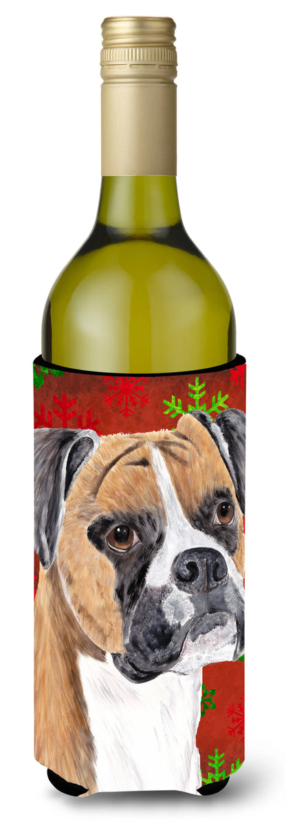 Red and Green Snowflakes Christmas Design with Dog Wine Bottle Hugger