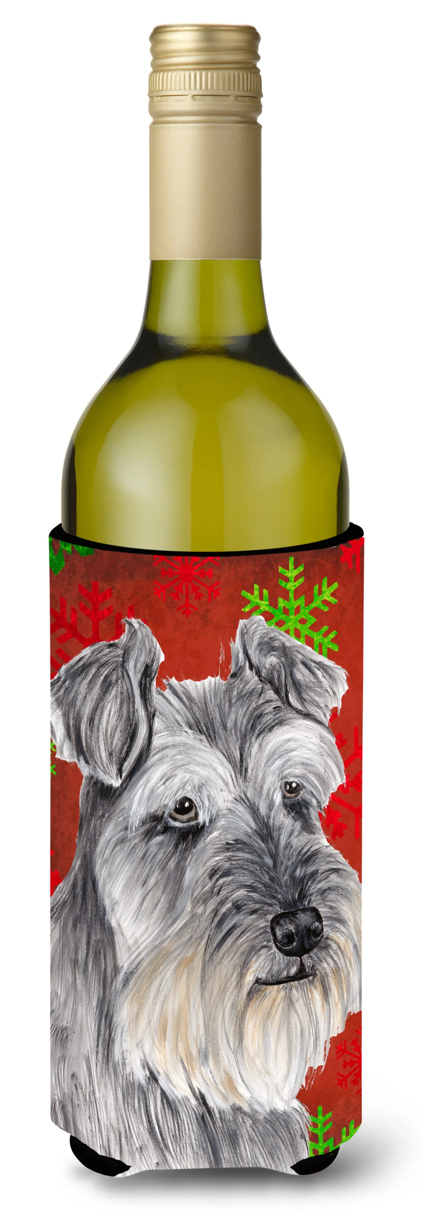 Red and Green Snowflakes Christmas Design with Dog Wine Bottle Hugger