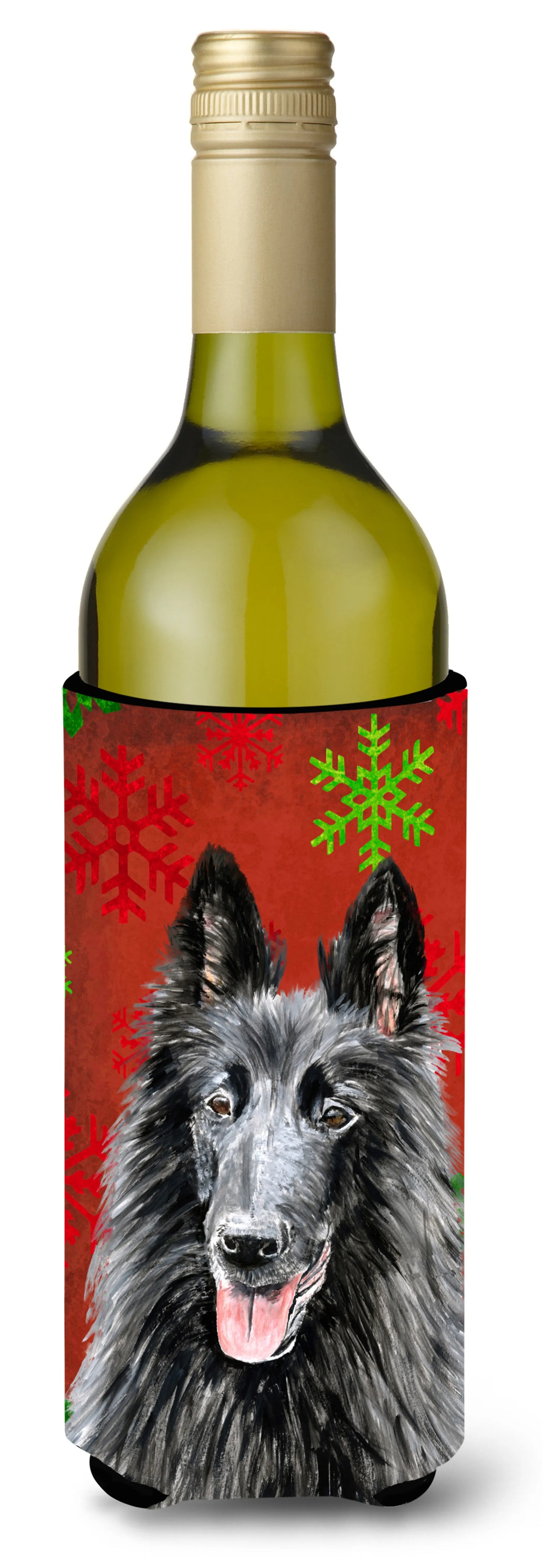 Red and Green Snowflakes Christmas Design with Dog Wine Bottle Hugger