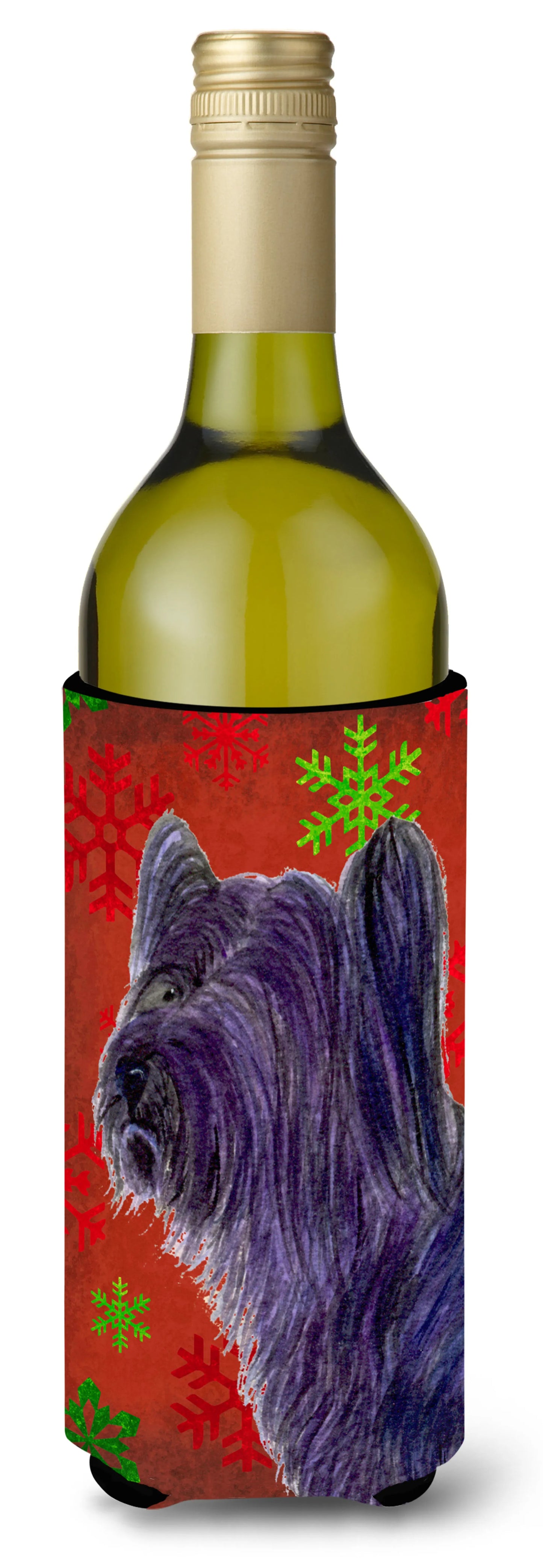 Red and Green Snowflakes Christmas Design with Dog Wine Bottle Hugger