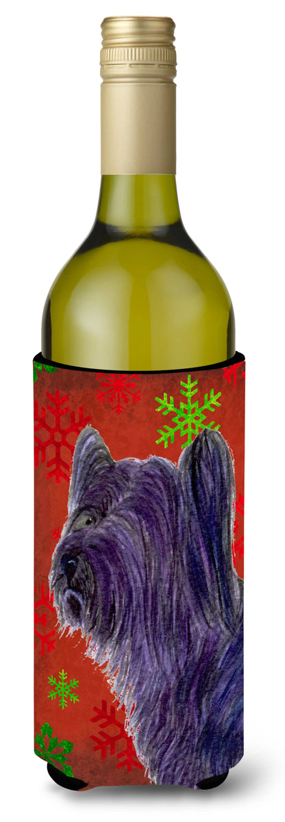 Red and Green Snowflakes Christmas Design with Dog Wine Bottle Hugger