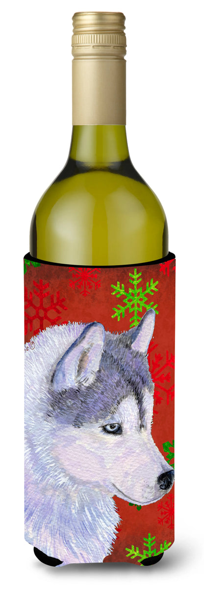 Red and Green Snowflakes Christmas Design with Dog Wine Bottle Hugger