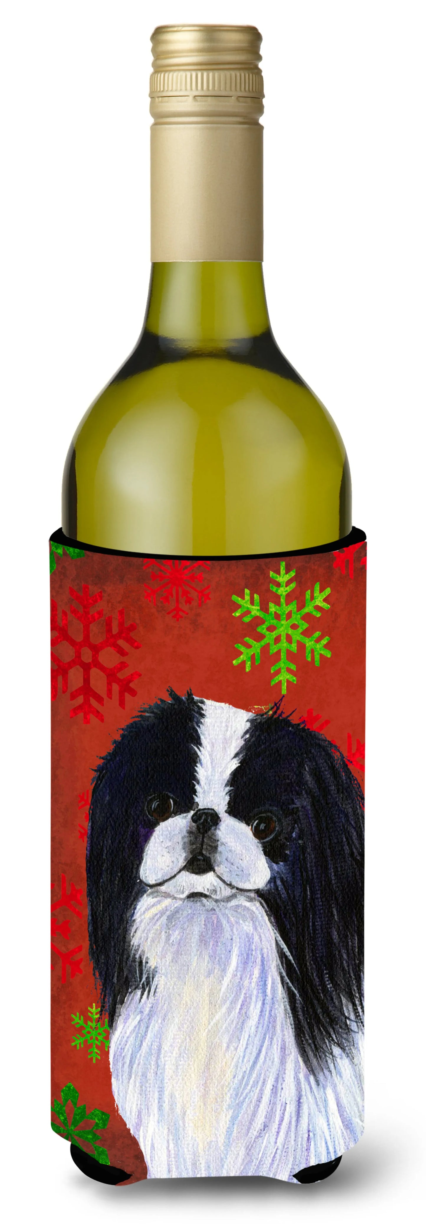 Red and Green Snowflakes Christmas Design with Dog Wine Bottle Hugger