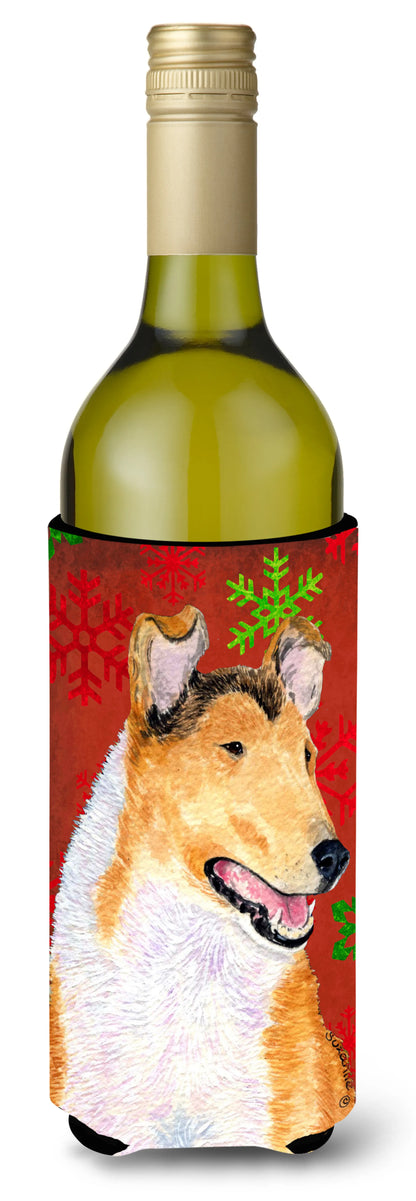 Red and Green Snowflakes Christmas Design with Dog Wine Bottle Hugger