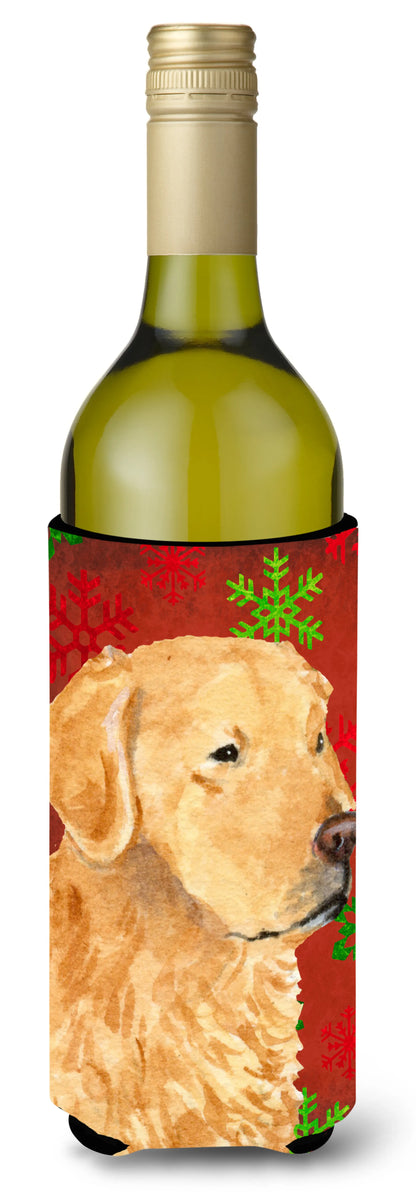 Red and Green Snowflakes Christmas Design with Dog Wine Bottle Hugger