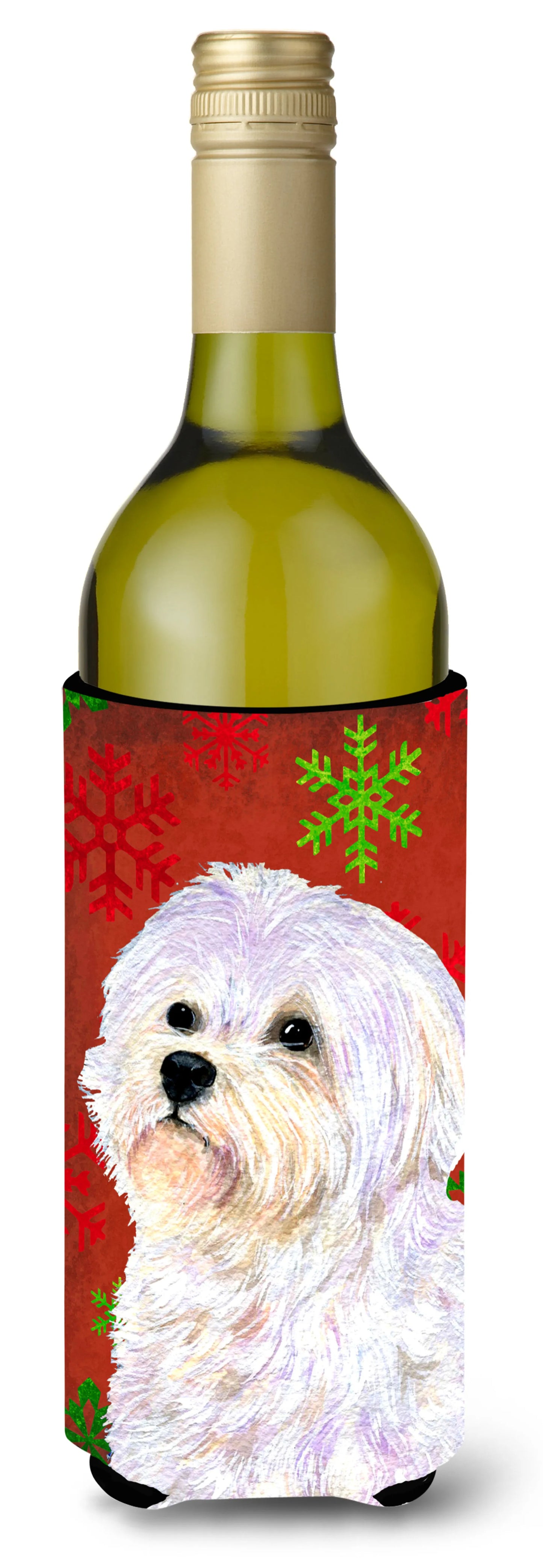 Red and Green Snowflakes Christmas Design with Dog Wine Bottle Hugger